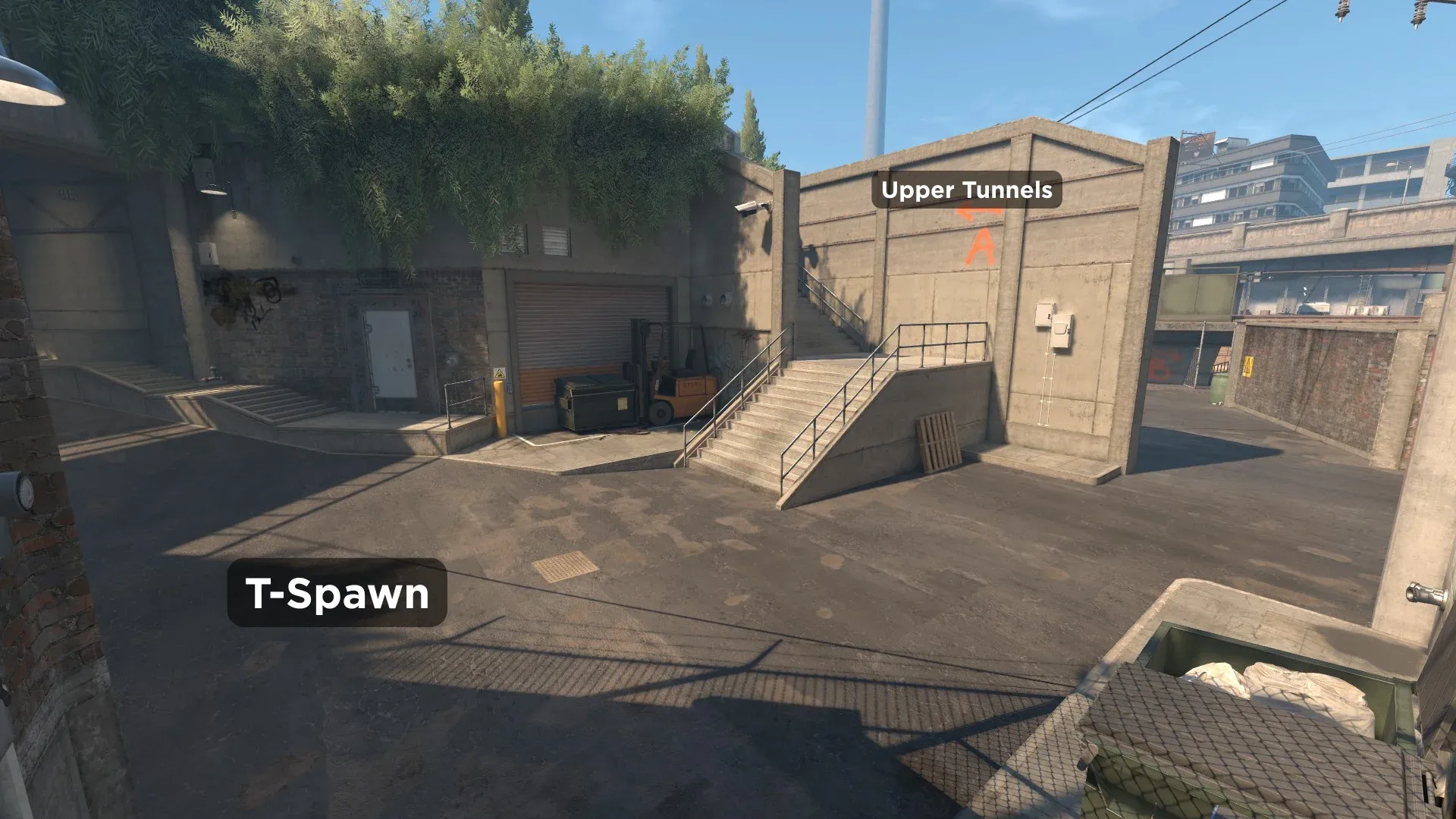 An Image showing T-Spawn surroundings with Upper Tunnels on Overpass Map in CS2