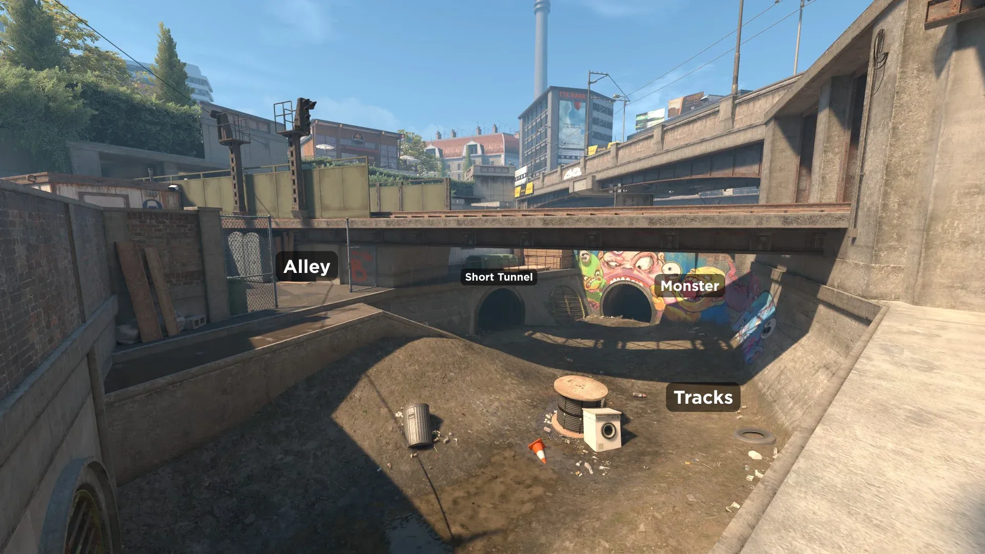 Tracks, Alley, Short Tunnels and Monster callouts located on Overpass in CS2