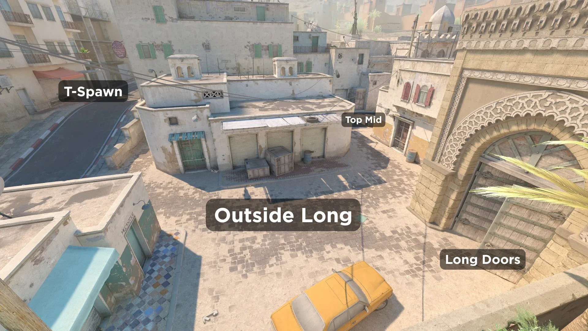 Dust 2 map overview highlighting Outside Long callout area in CS2 
