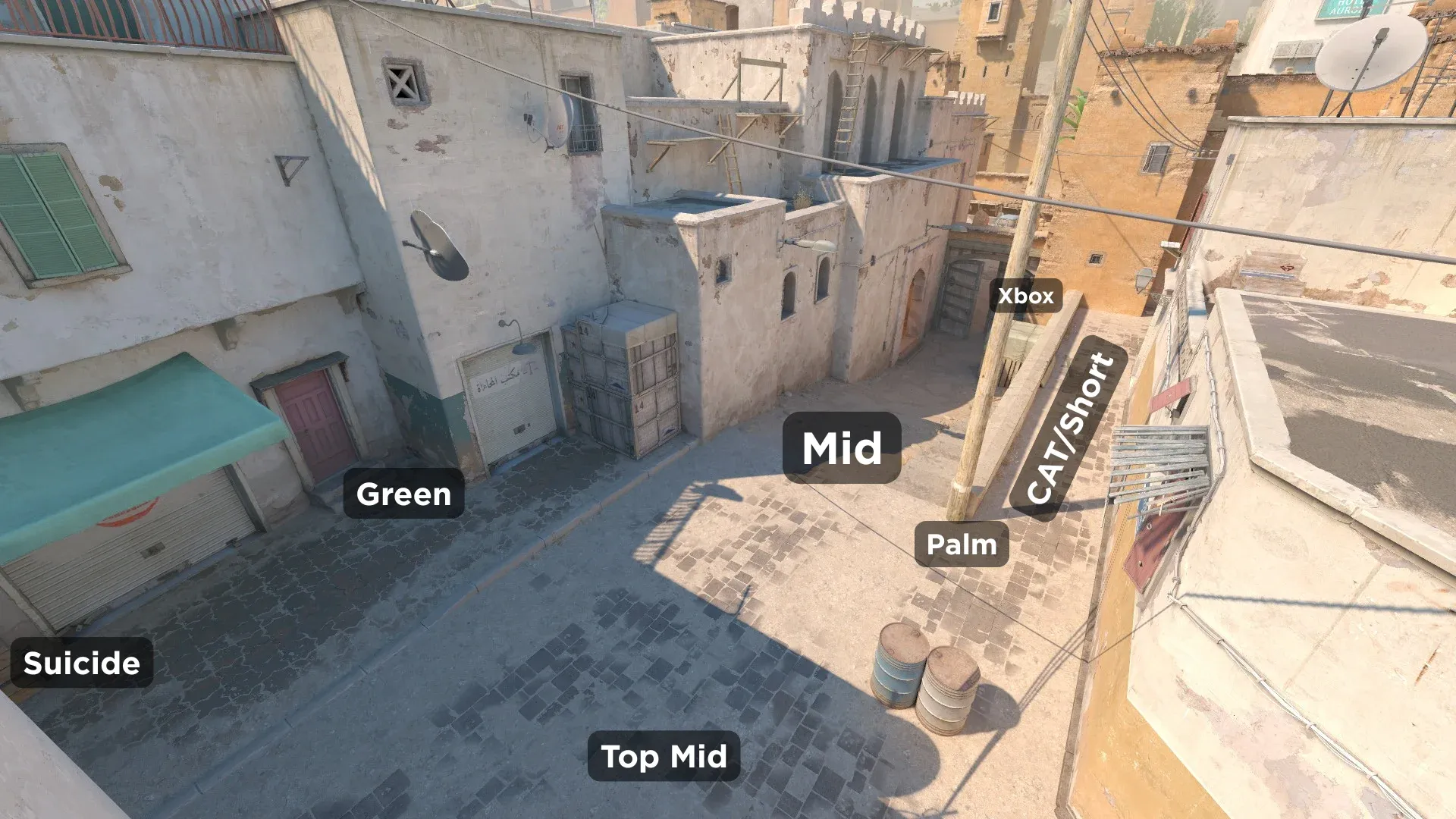 Close-up view of Dust 2 Catwalk and Mid positions for strategic callouts in CS