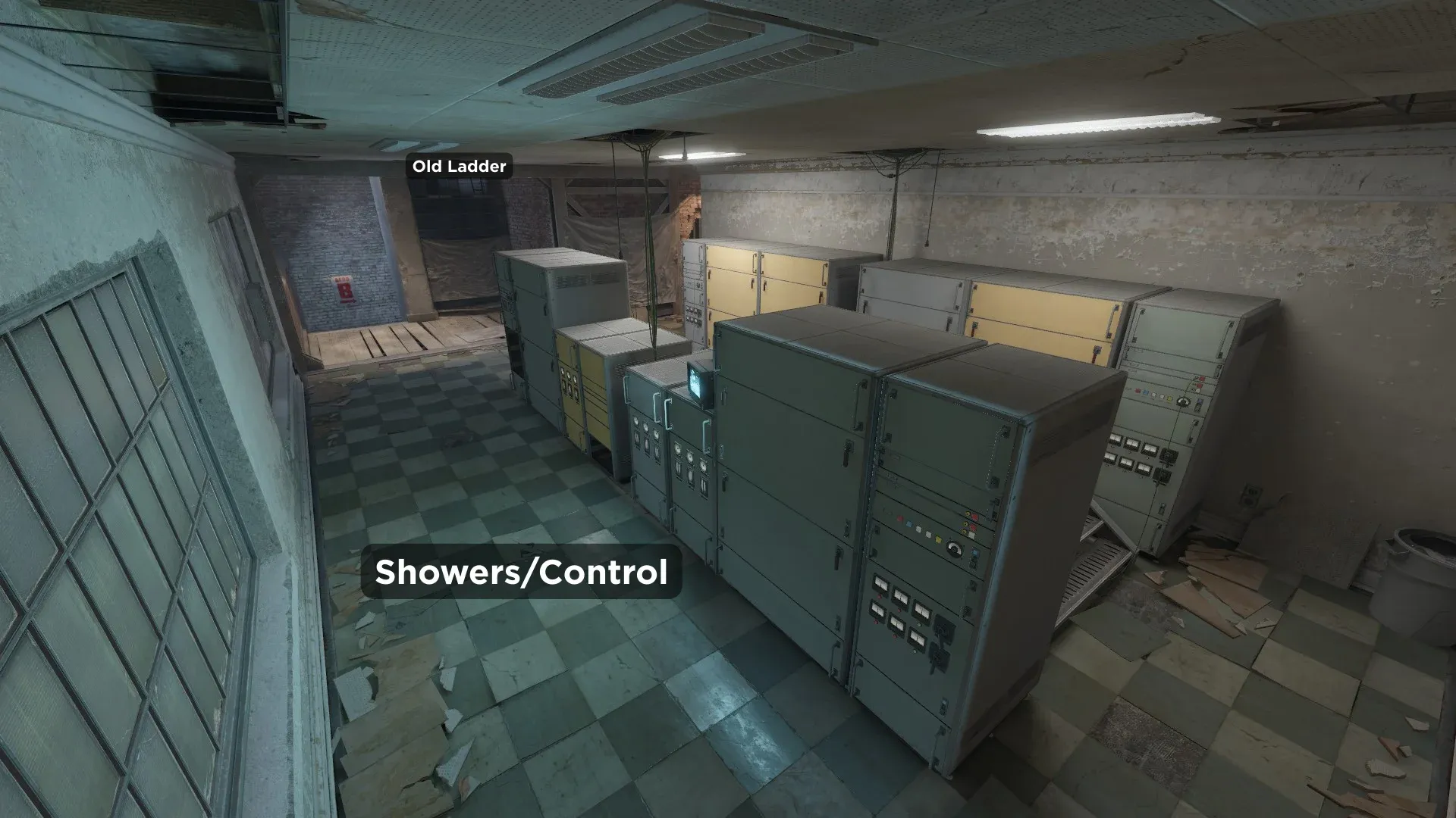 Callouts on Train in CS2 named Showers/Control and Old Ladder