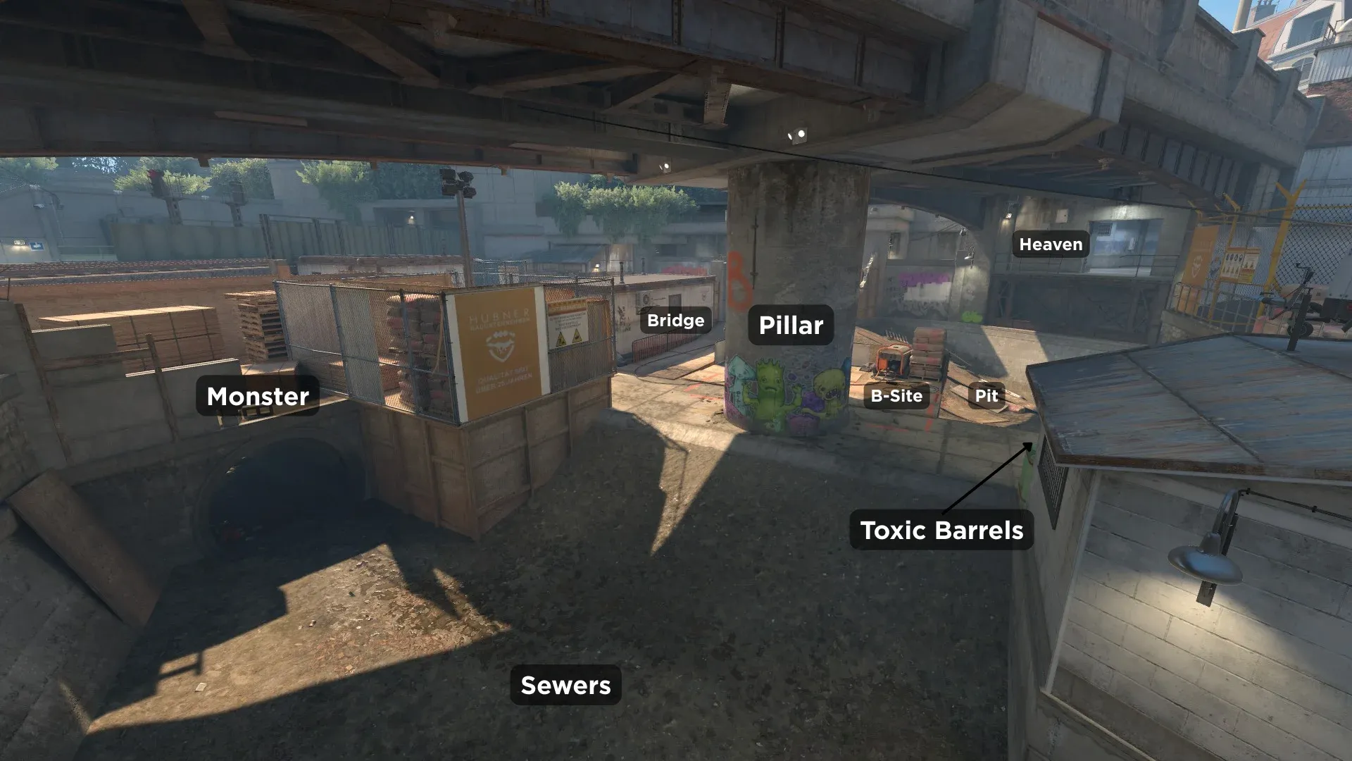 B-Site and surrondings like Pillar, Heaven and Toxic Barrels on Overpass Map in CS2