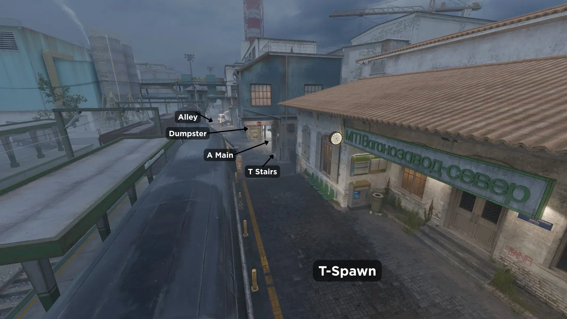 An image showing T-Spawn to Alley Train map in CS2