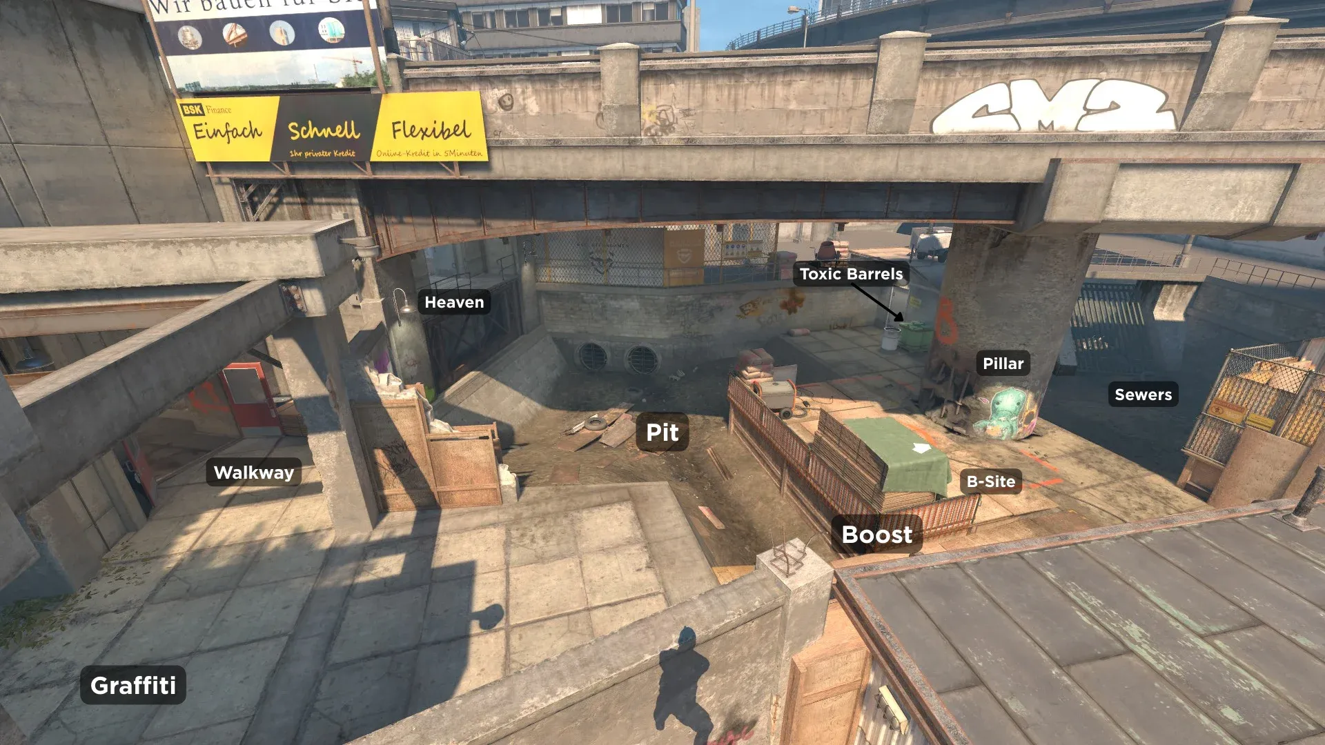 Another view on B-Site where Walkway and Graffiti callouts are visible
