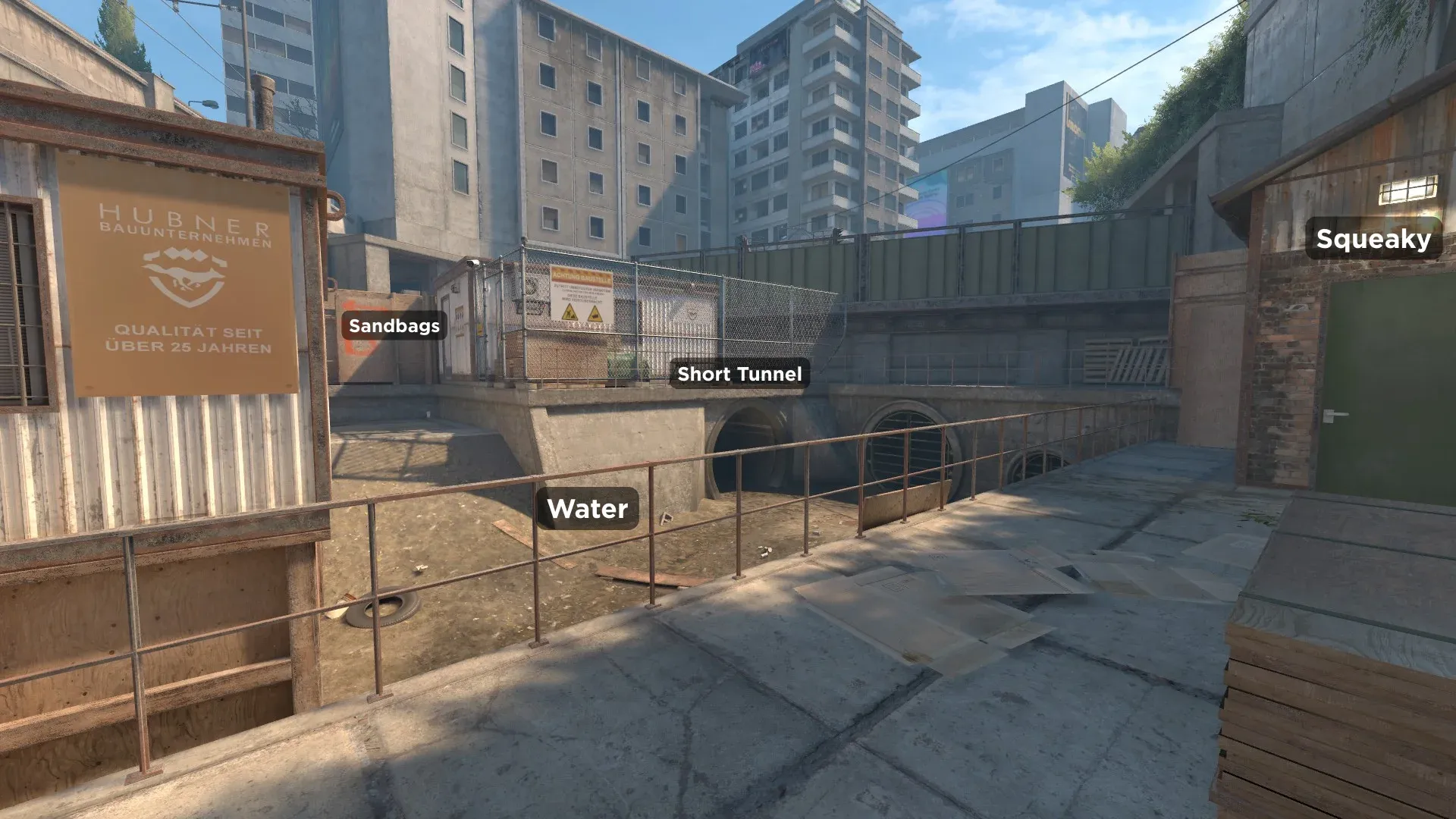 A photo showing where Water and Sandbags callouts are located on Overpass Map in CS2