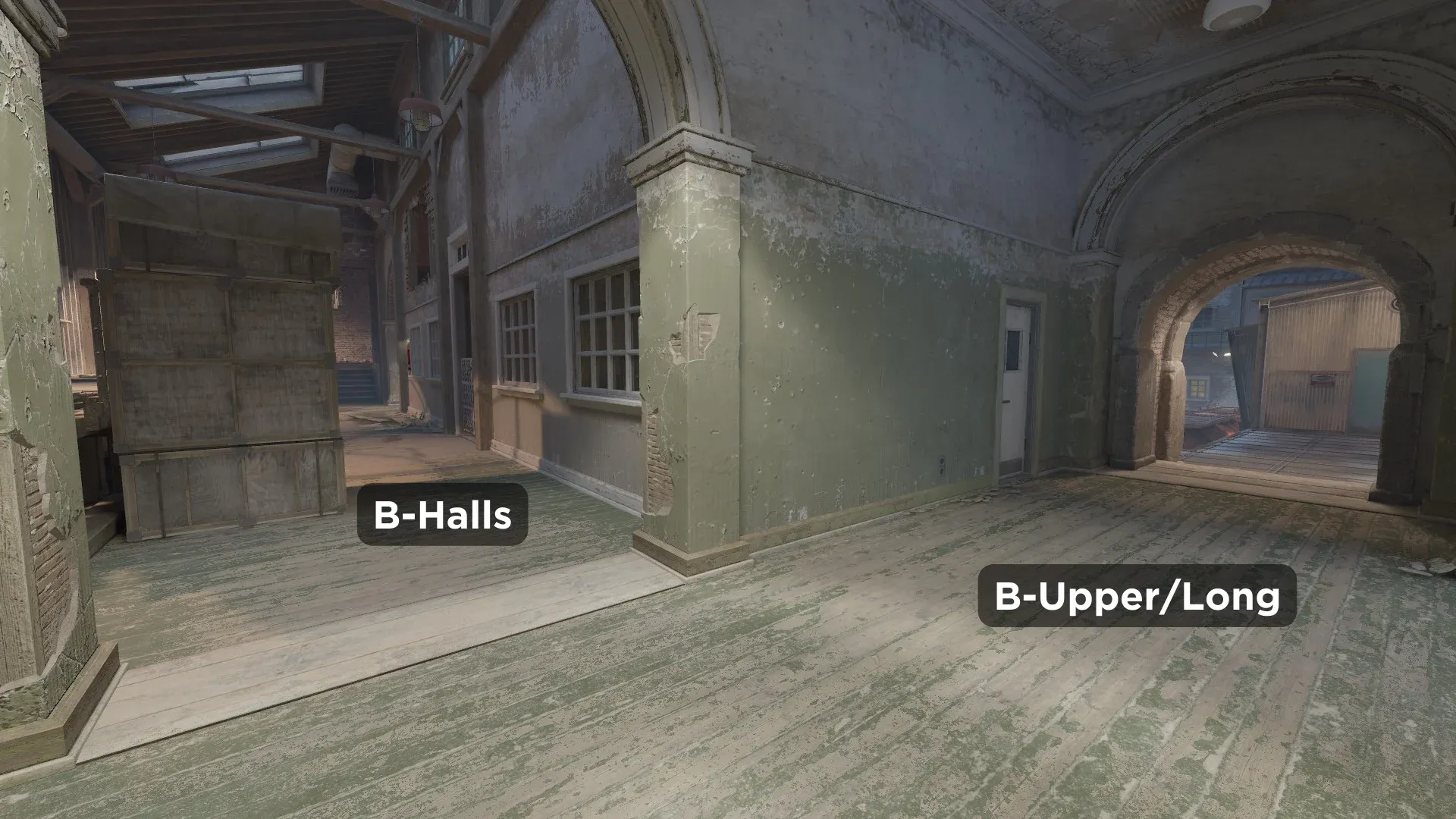 A vierw of B-Halls with B Long callouts on Train Map in CS2 