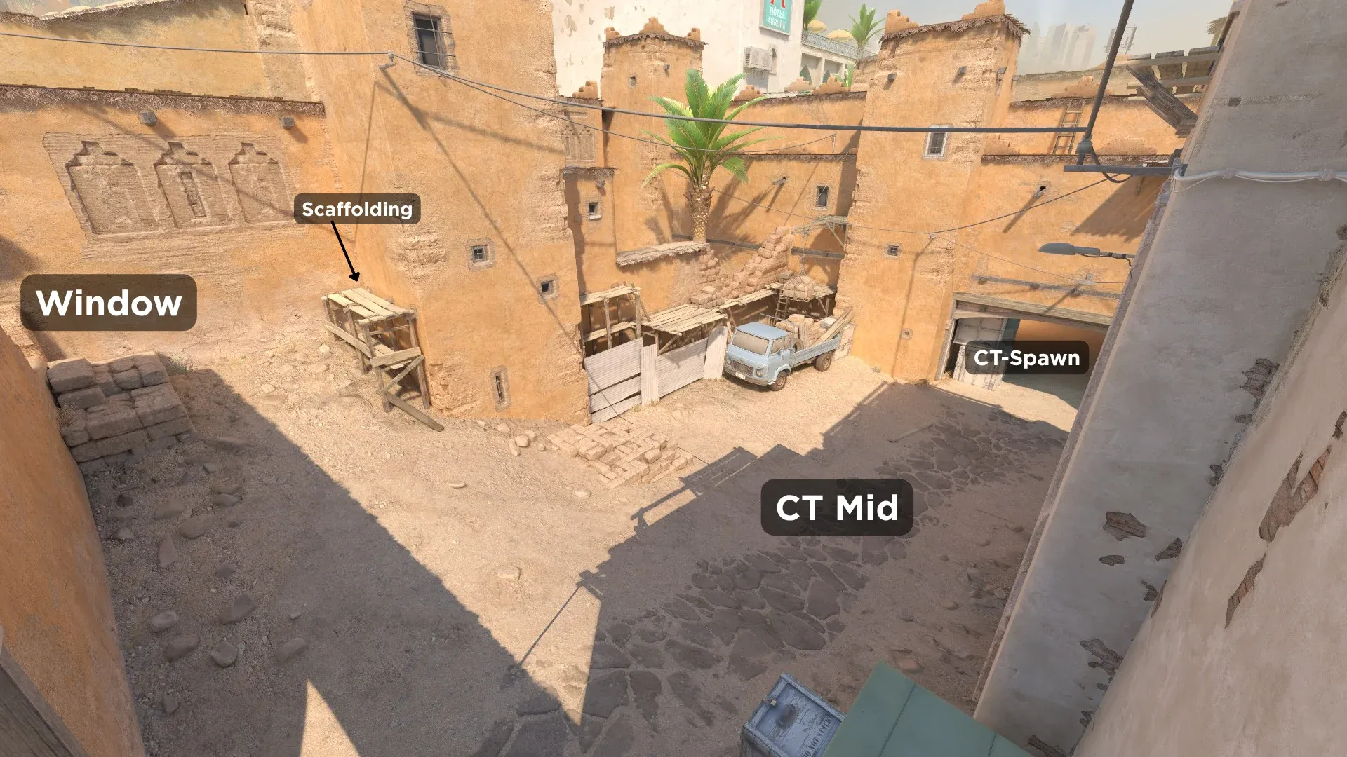 Dust 2 CT Mid  Window and Scaffolding in CS2