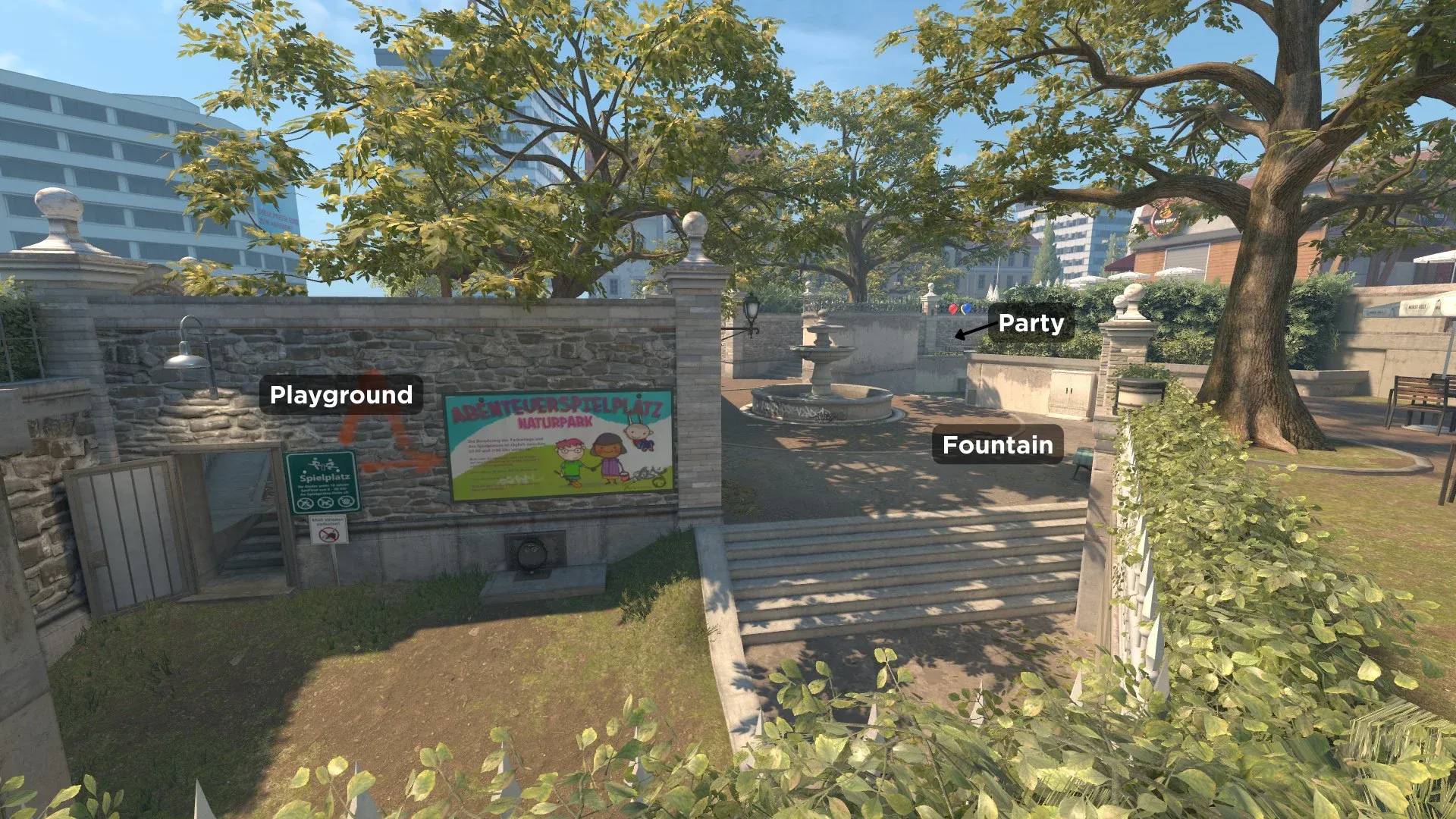 Fountain, Party and Playground callouts on Overpass Map in CS2