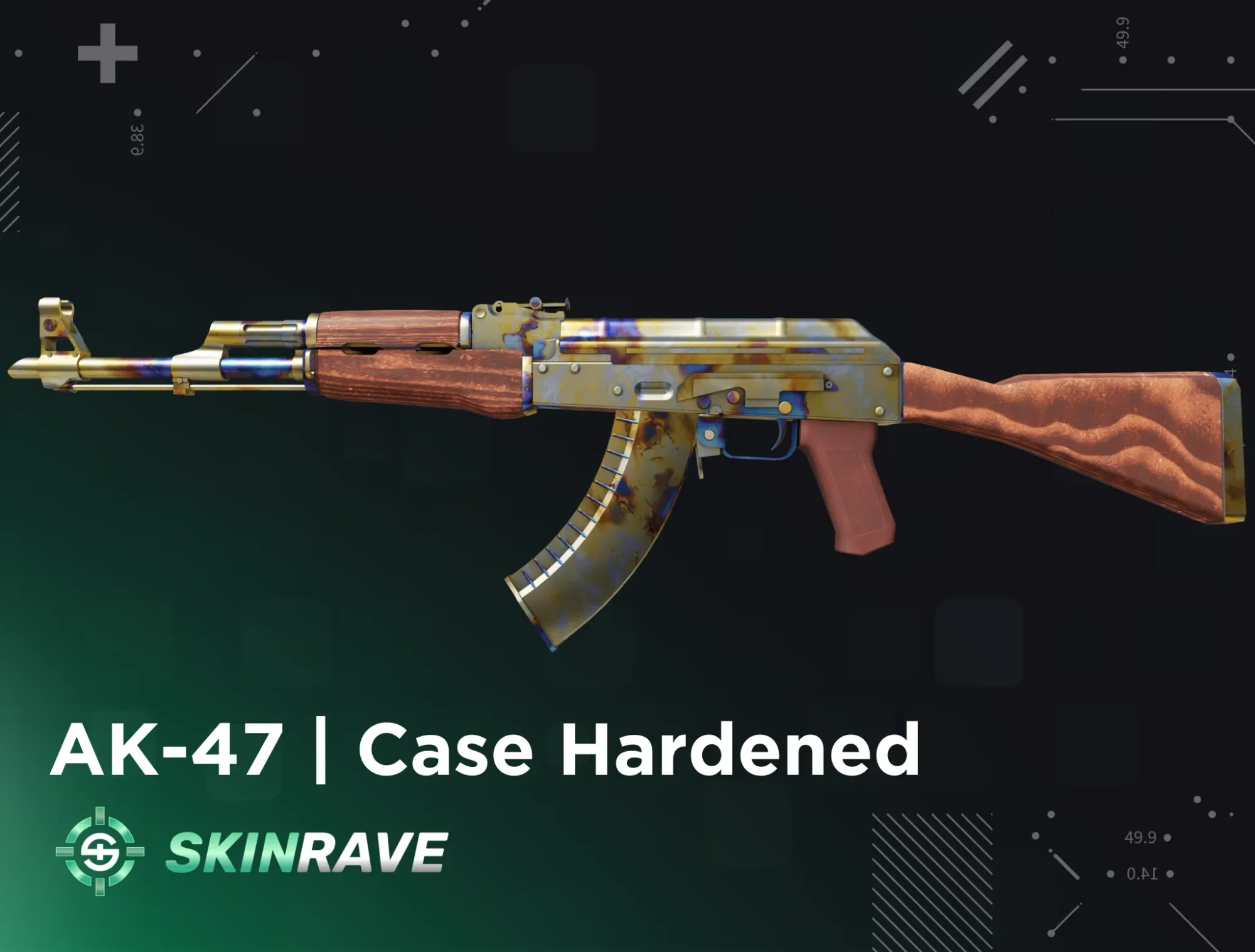 AK-47 Case Hardened Gold Gem displayed on a black-and-green tech Skinrave background