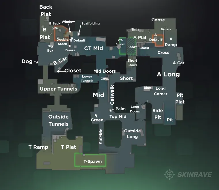 Labeled Dust 2 callouts map for CS2 showing every location including Mid, A Site, B Site, Tunnels, Long, and more