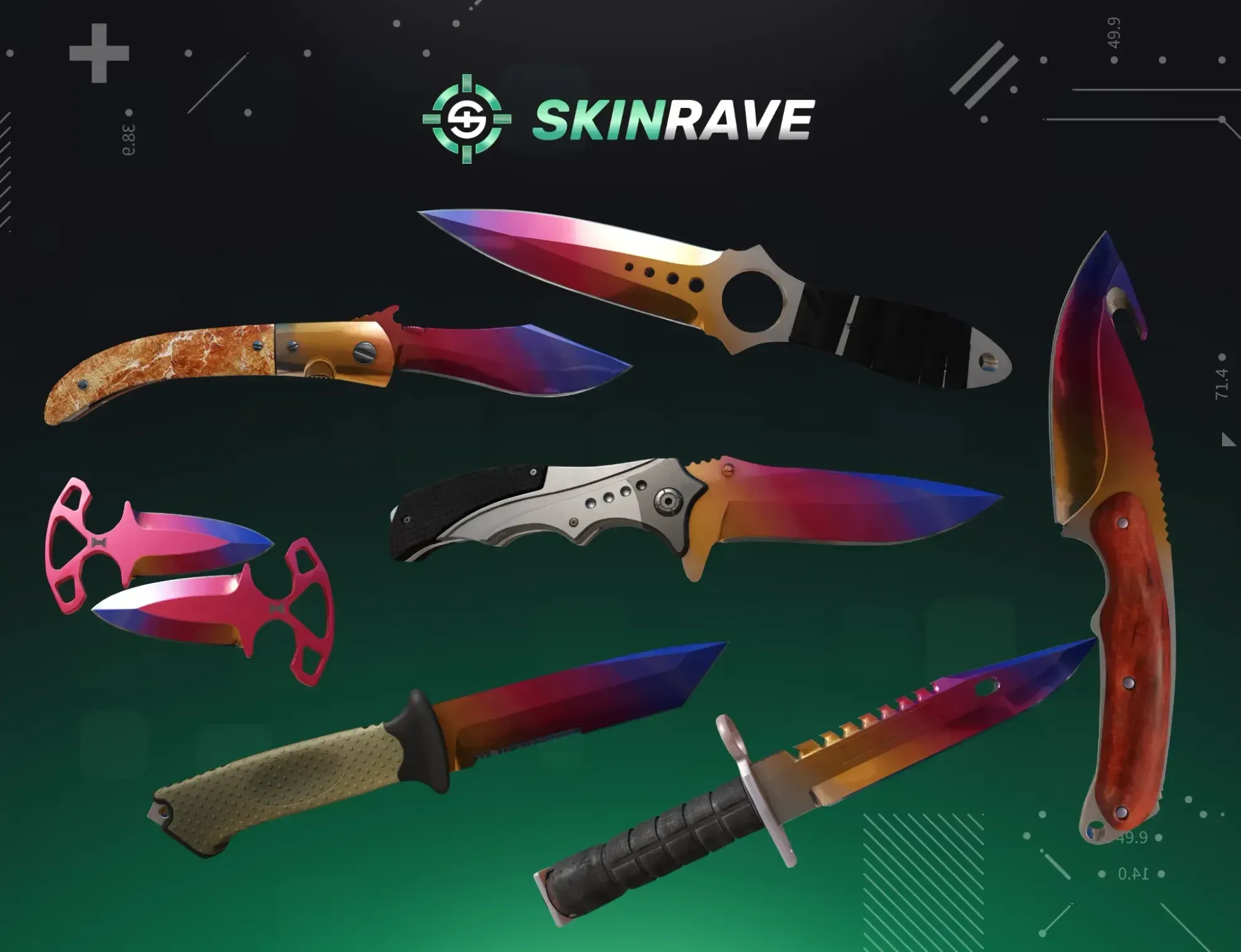 Different CS2 Fade knives displayed on a green SkinRave background