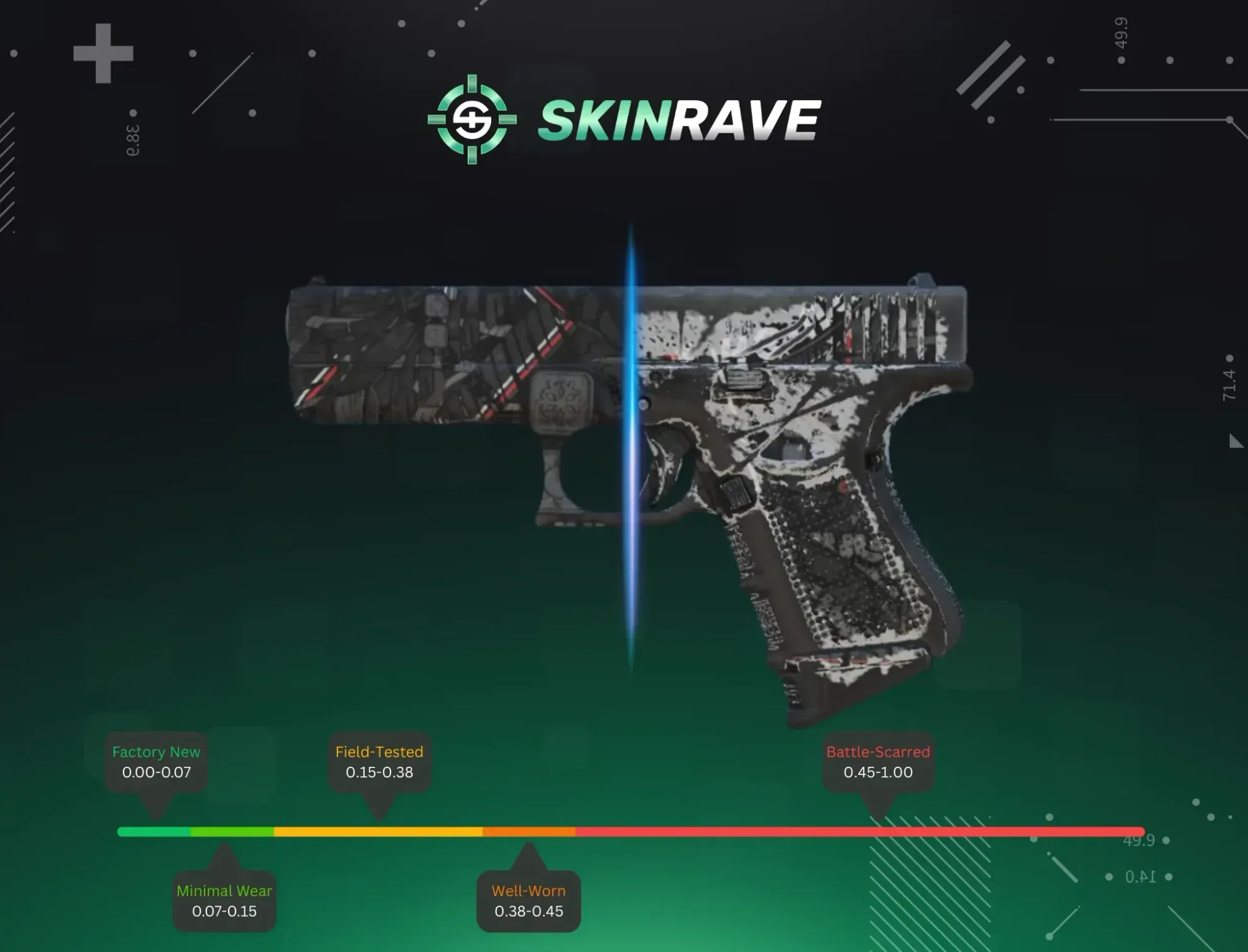 CS2 float value scale on a SkinRave banner, showing important values to know for CS2 and CSGO skin trading.