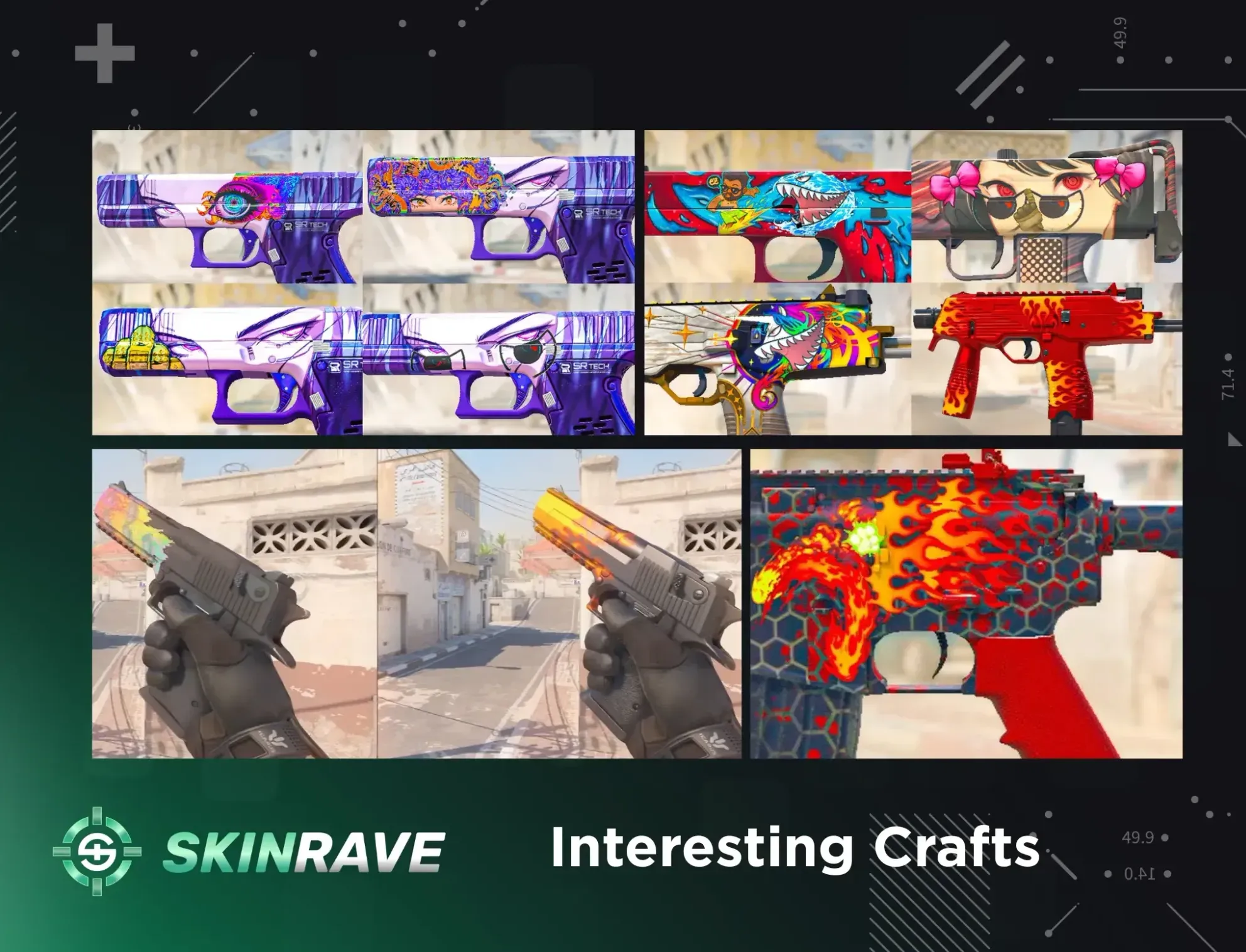 Creative CS2 skin crafts using stickers on pistols and SMGs including Glock and MAC-10 designs
