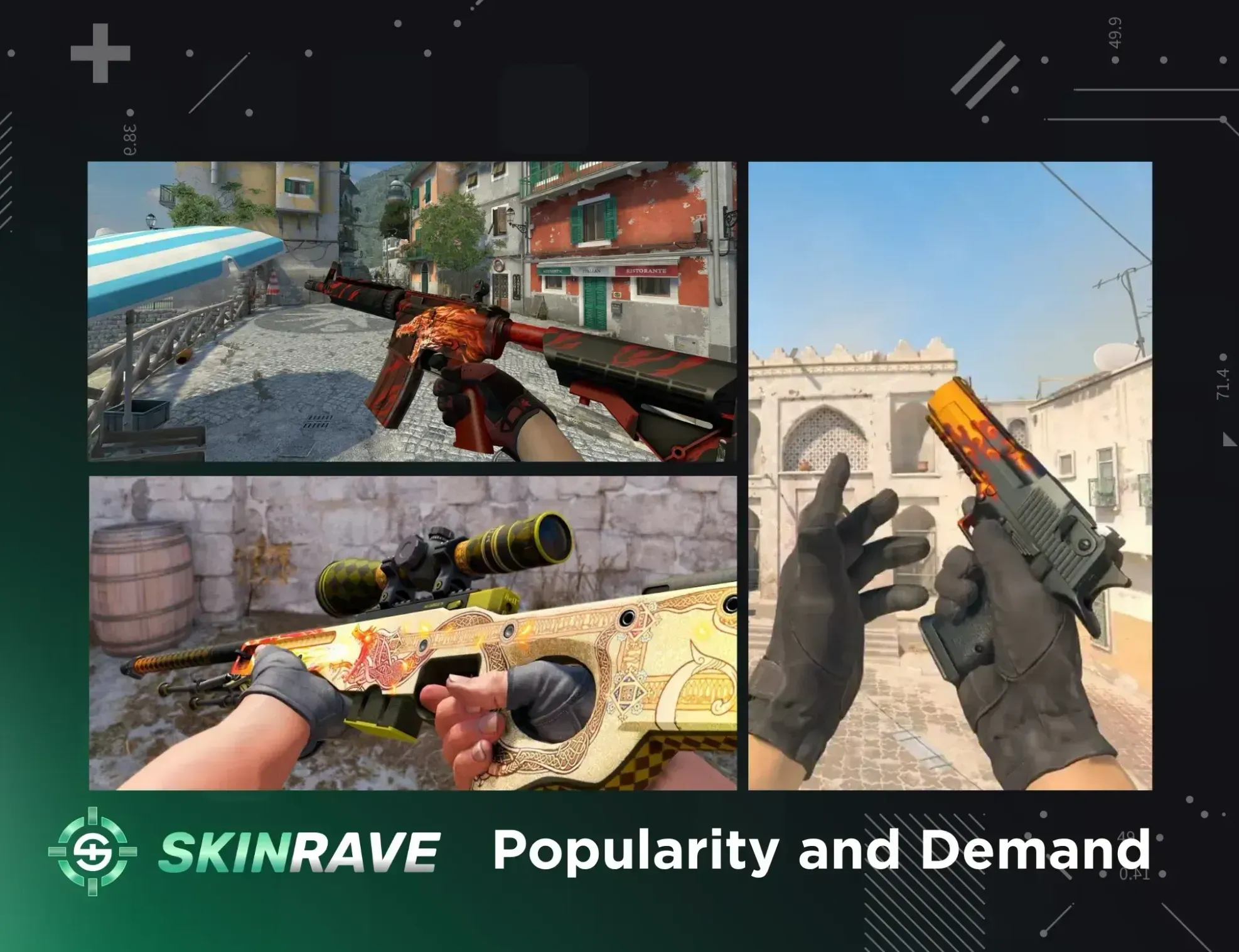Popular CS2 skins in gameplay including M4A4 Howl, AWP Dragon Lore, and Desert Eagle Blaze