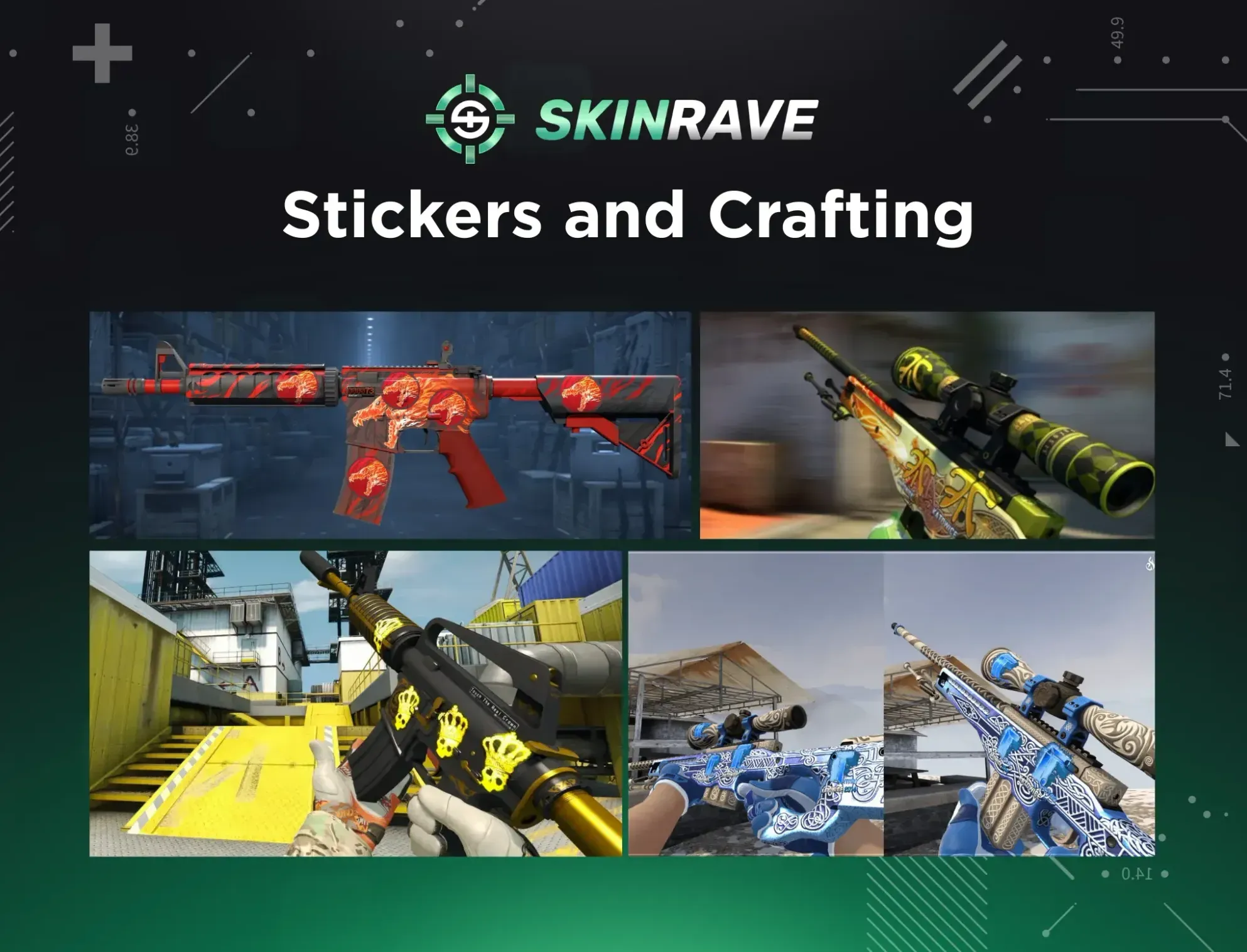 CS2 weapon skins with rare sticker crafts showcasing custom designs on M4A4, AWP, and other rifles