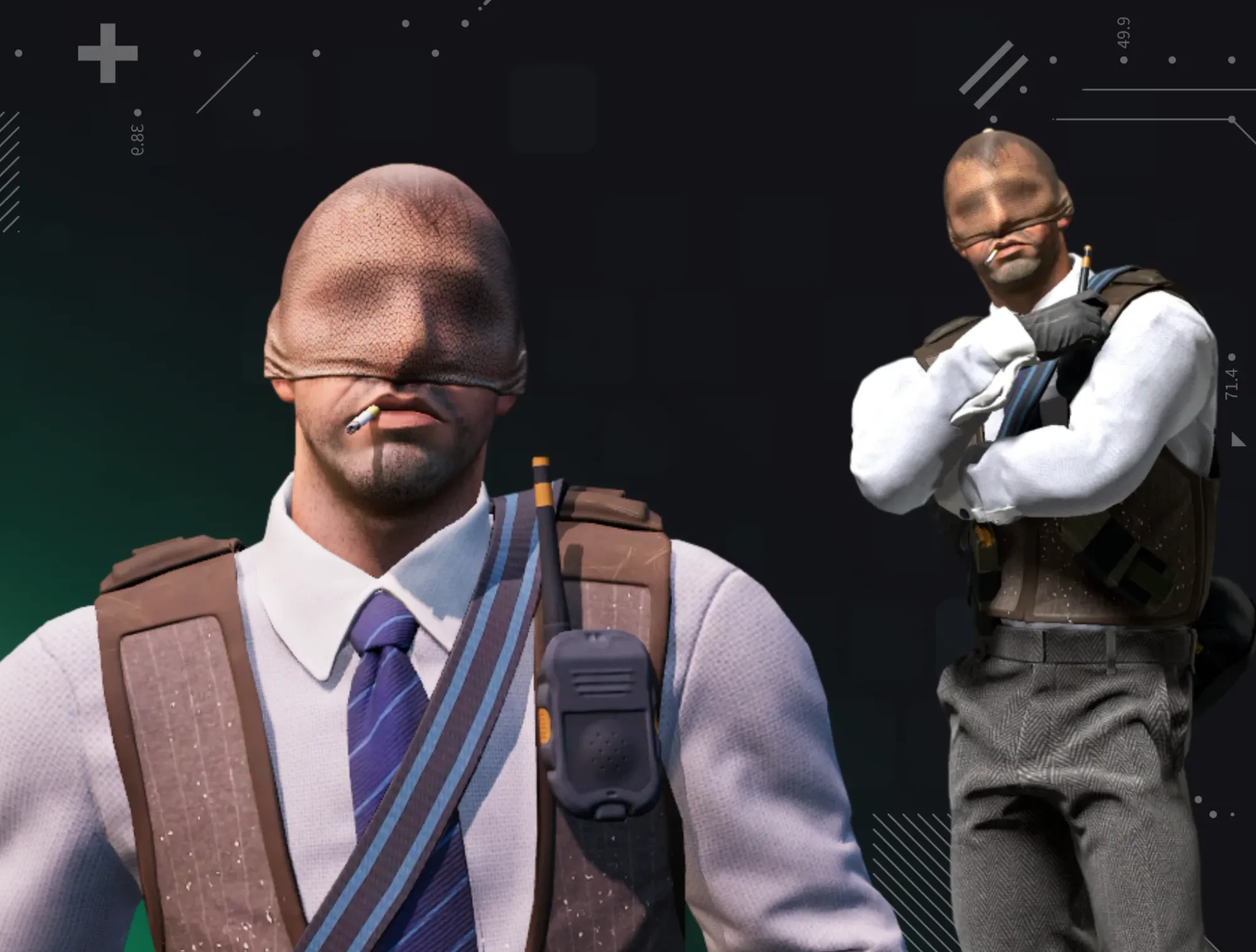 Image featuring Number K | The Professionals viiuals in his suit with his famous stockings on head