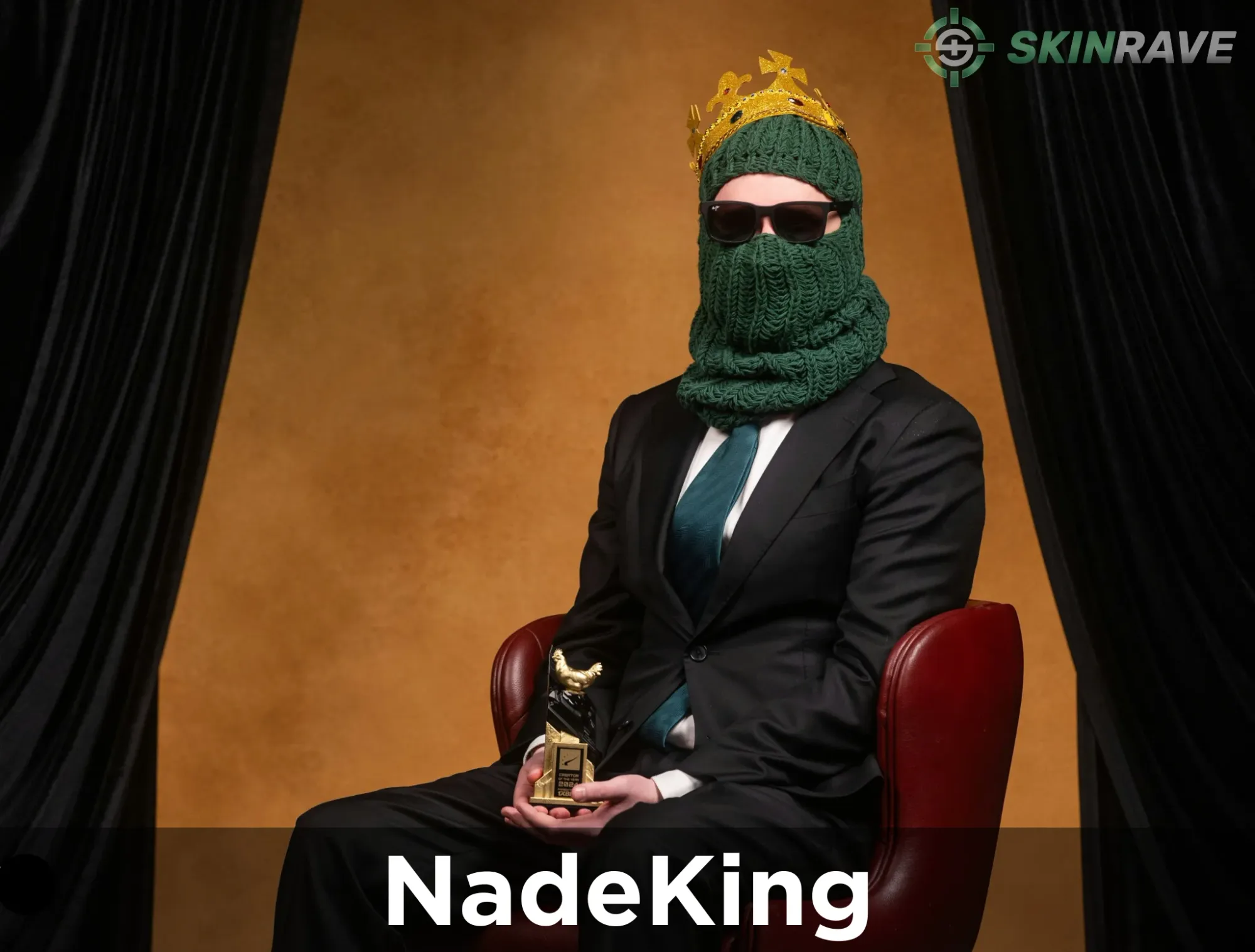 Skinrave banner photo of NadeKing sitting on a chaIr with a Trophy for the best CS2 content creator