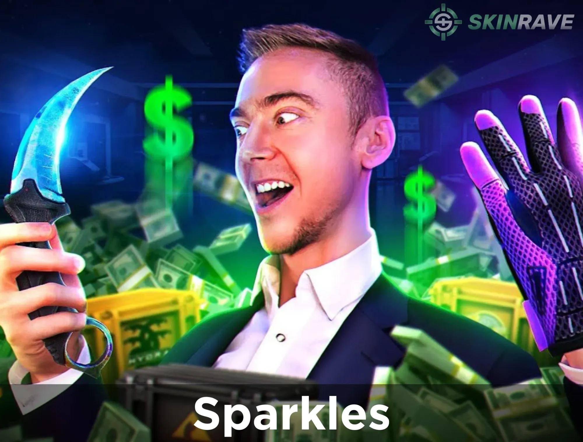 Photo of Sparkles showcasing his Karambit Blue Gem and Sport Gloves Pandora's Box