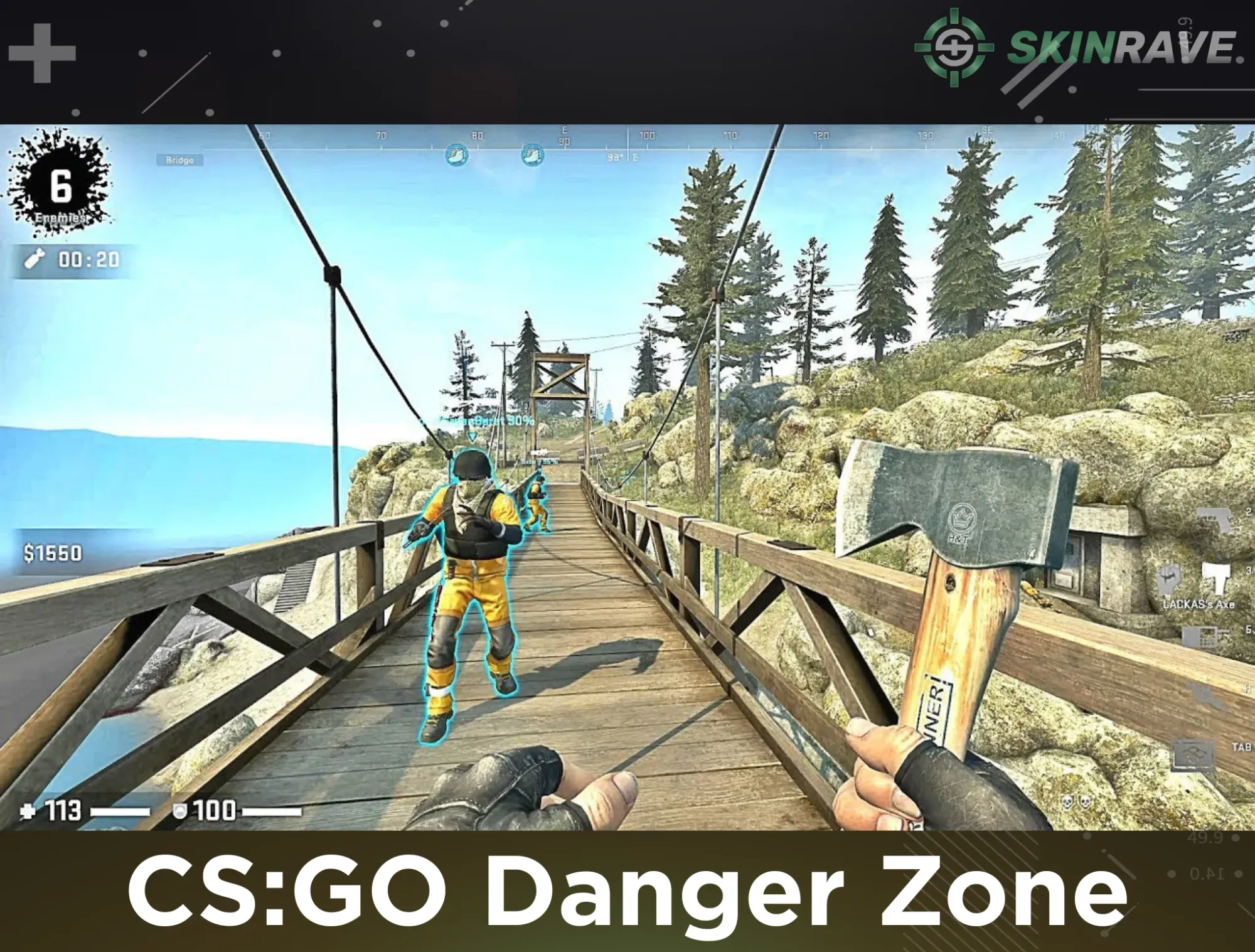 Image featuring CS:GO Danger Zone with a player holding a axe running towards the forest. 