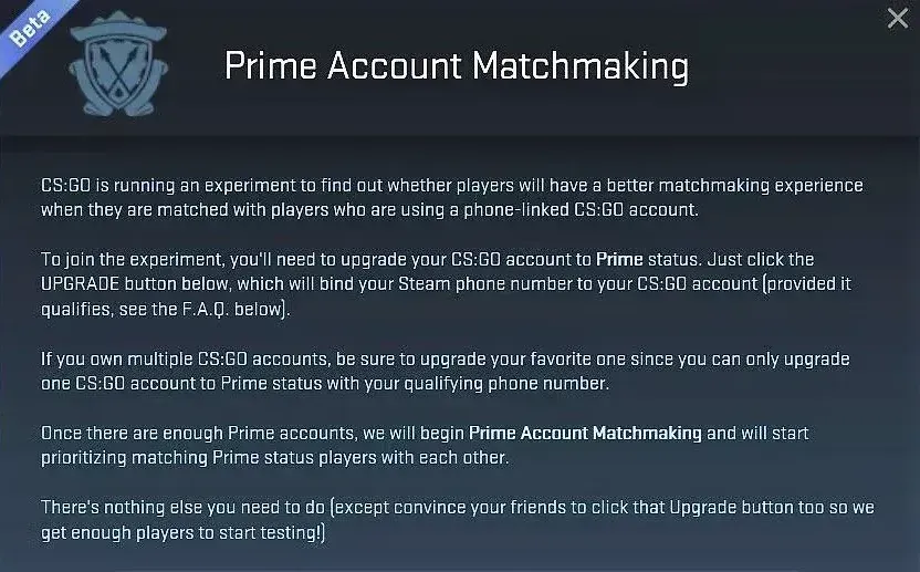 Image featuring prime account matchmaking beta update in CS2 back in 2016