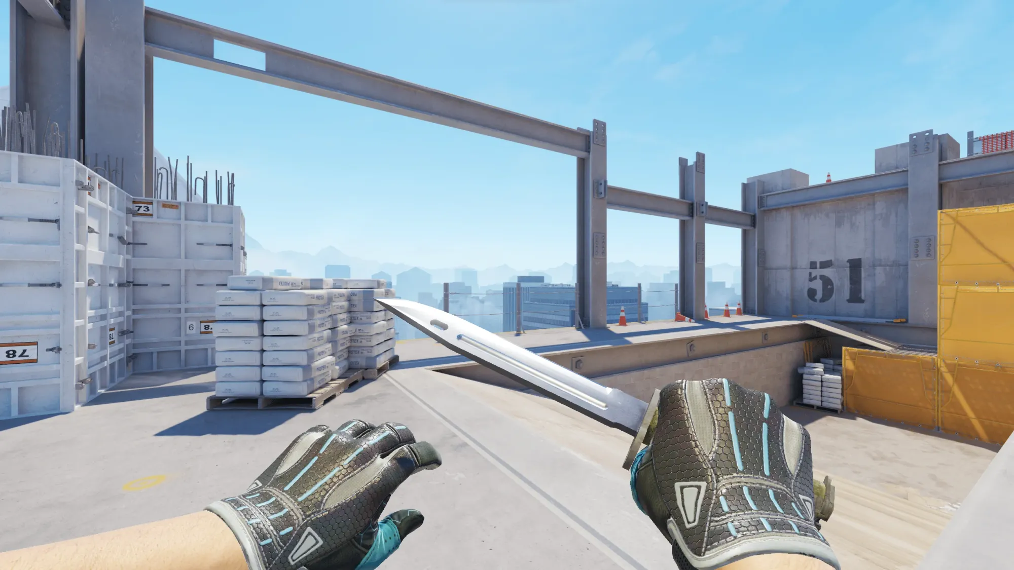 In-game image showing a CS2 knife and glove combo, highlighting the matching colors and patterns of the weapon and gloves.