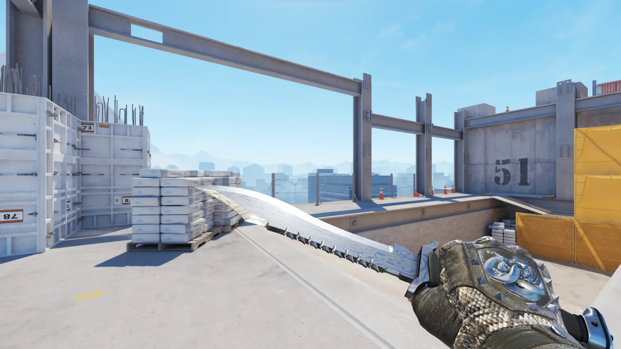 In-game image showing a CS2 knife and glove combo, highlighting the matching colors and patterns of the weapon and gloves.