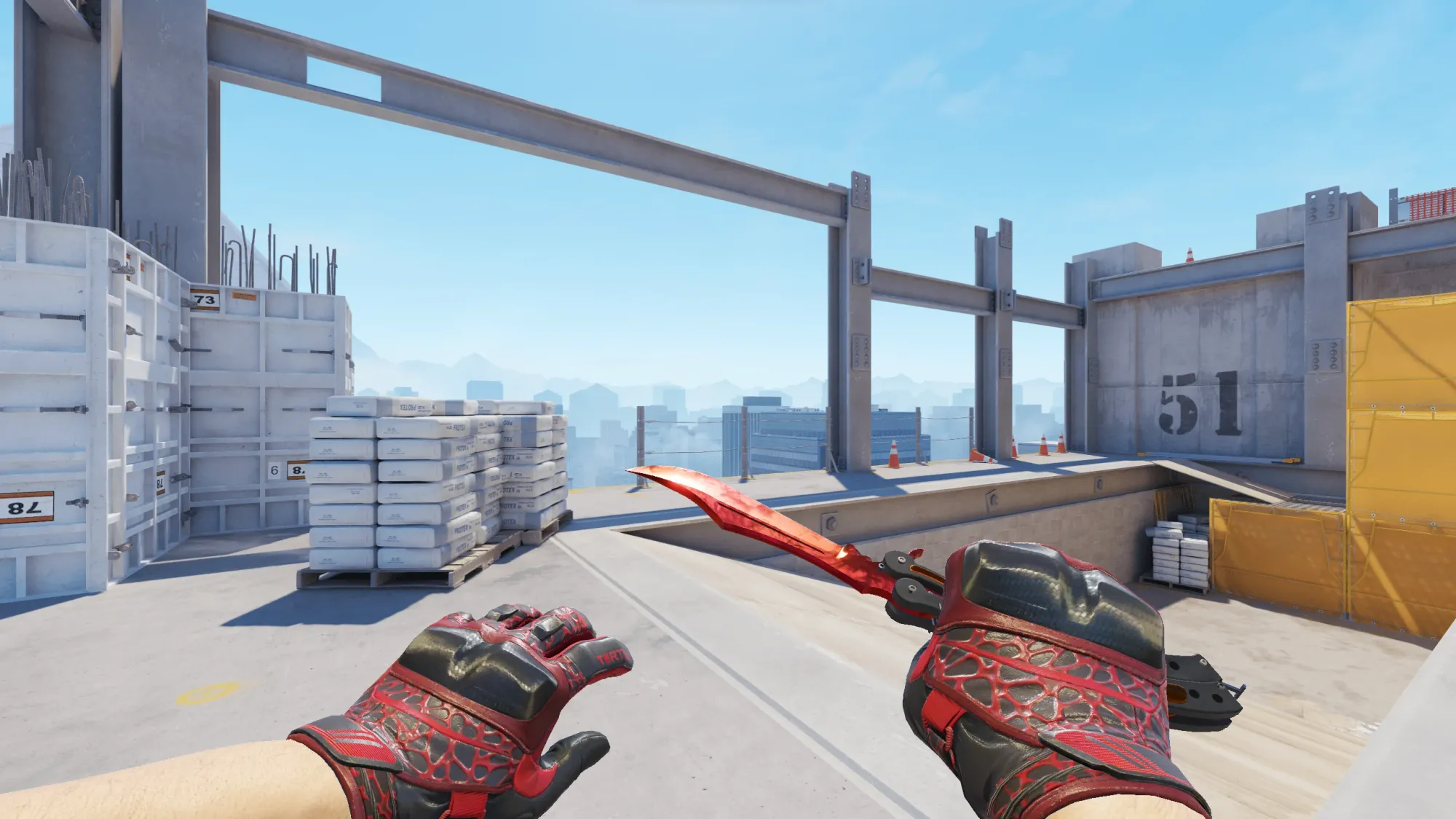 In-game image showing a CS2 knife and glove combo, highlighting the matching colors and patterns of the weapon and gloves.