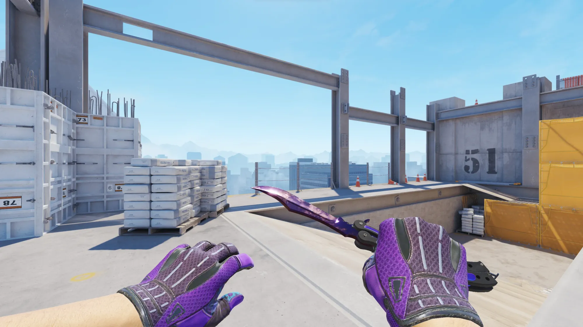 In-game image showing a CS2 knife and glove combo, highlighting the matching colors and patterns of the weapon and gloves.