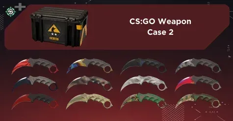 Image showing CS:GO Weapon Case 2 with all Karambit finishes on a red Skinrave background