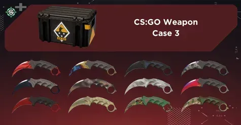 Image showing CS:GO Weapon Case 3 with all Karambit finishes on a red Skinrave background