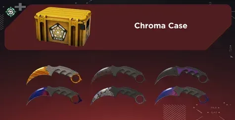 Image showing Chroma Case with all Karambit finishes on a red Skinrave background
