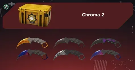 Image showing Chroma 2 Case with all Karambit finishes on a red Skinrave background