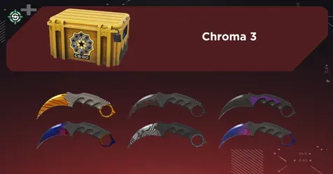 Image showing Chroma 3 Case with all Karambit finishes on a red Skinrave background