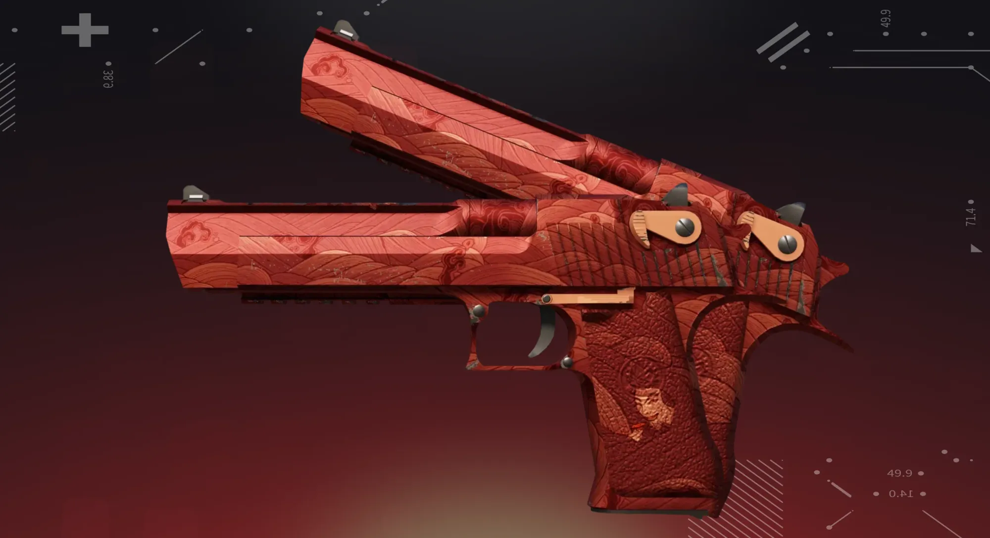 CS2 Desert Eagle Sunset Storm skin featuring a red Japanese Hokusai wave pattern over the entire weapon body.