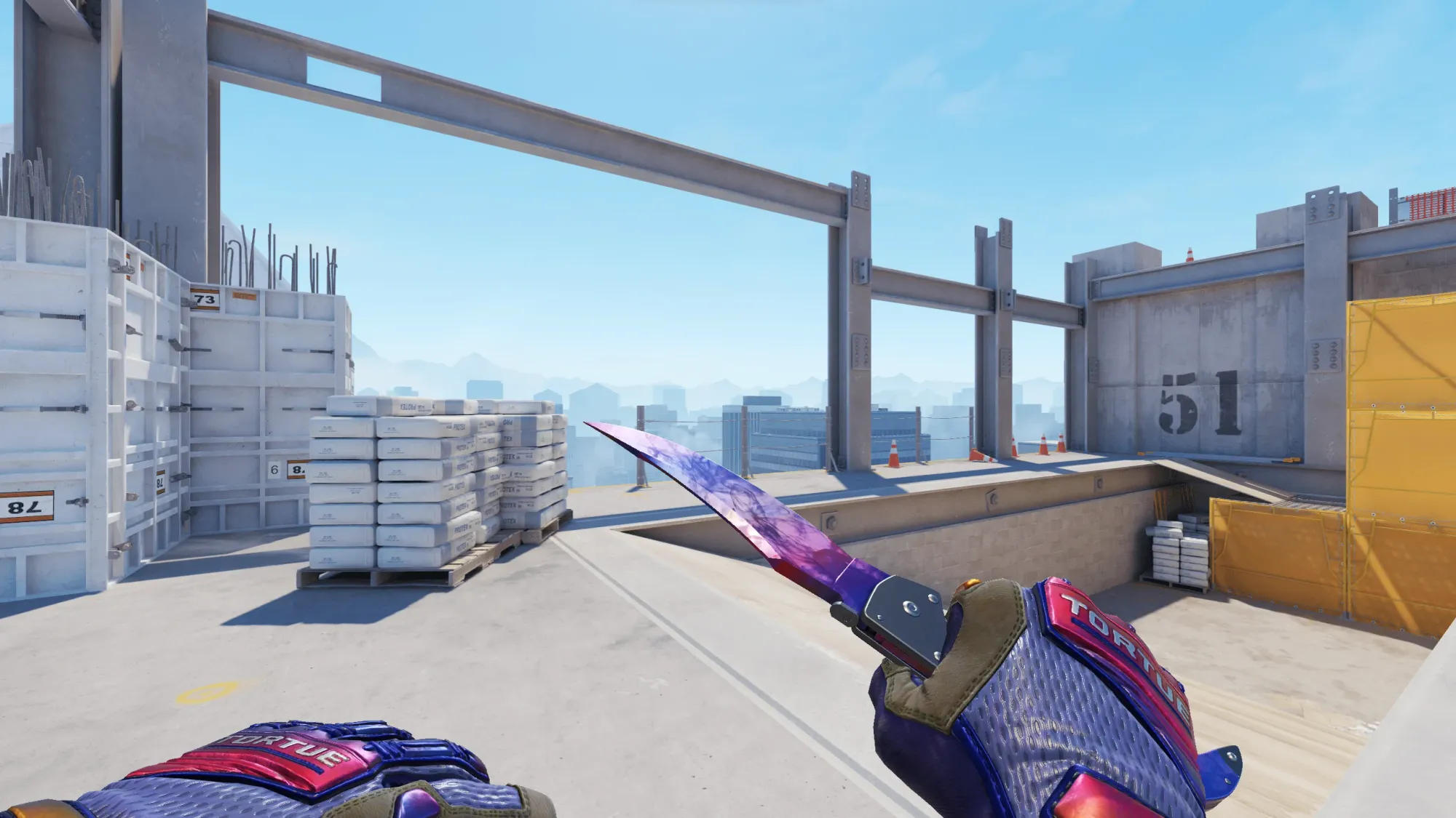 In-game image showing a CS2 knife and glove combo, highlighting the matching colors and patterns of the weapon and gloves.