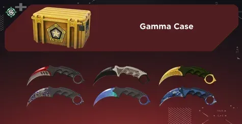 Image showing Gamma Case with all Karambit finishes on a red Skinrave background