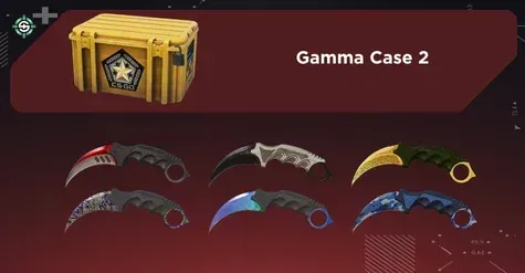 Image showing Gamma 2 Case with all Karambit finishes on a red Skinrave background