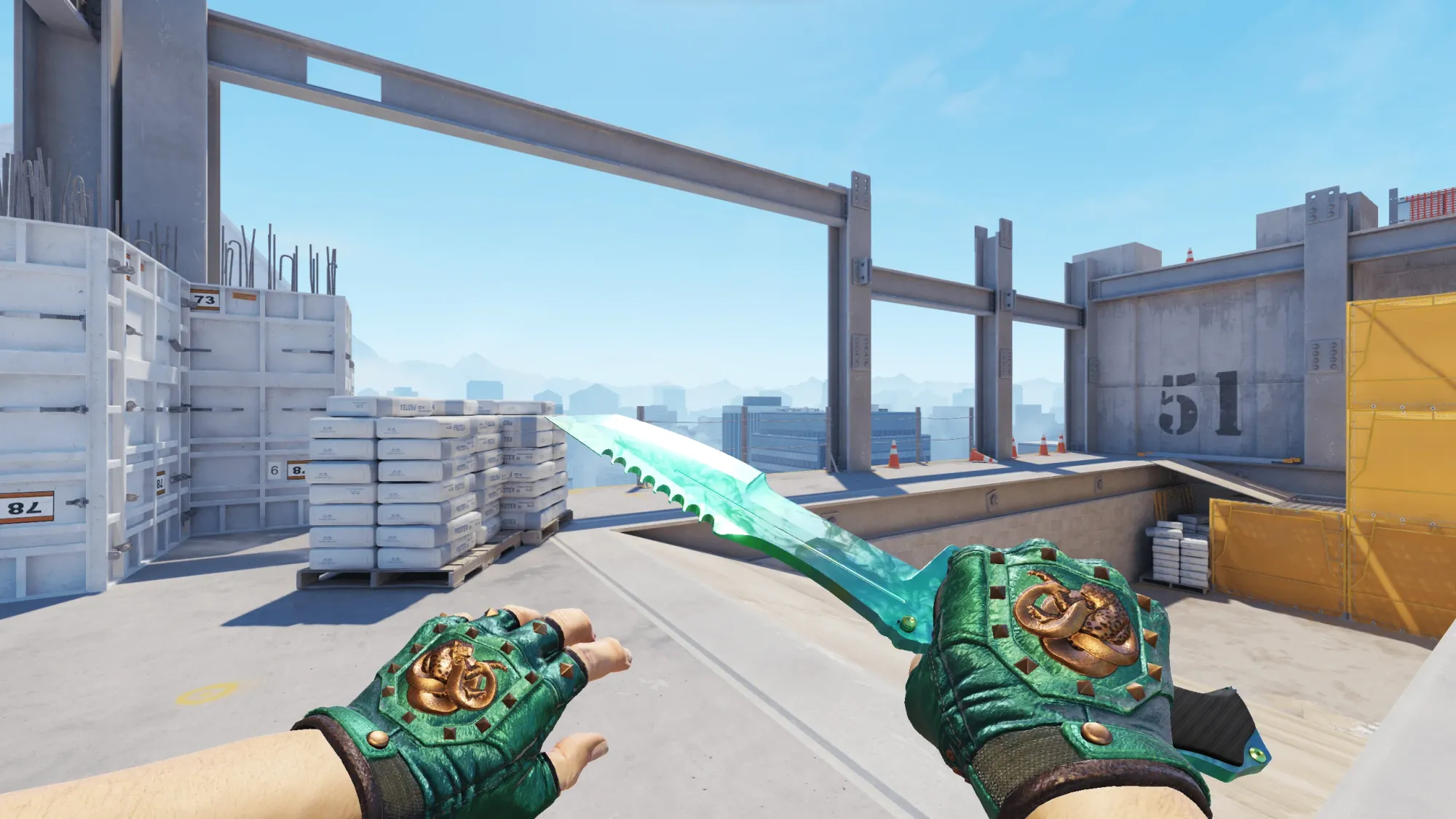 In-game image showing a CS2 knife and glove combo, highlighting the matching colors and patterns of the weapon and gloves.