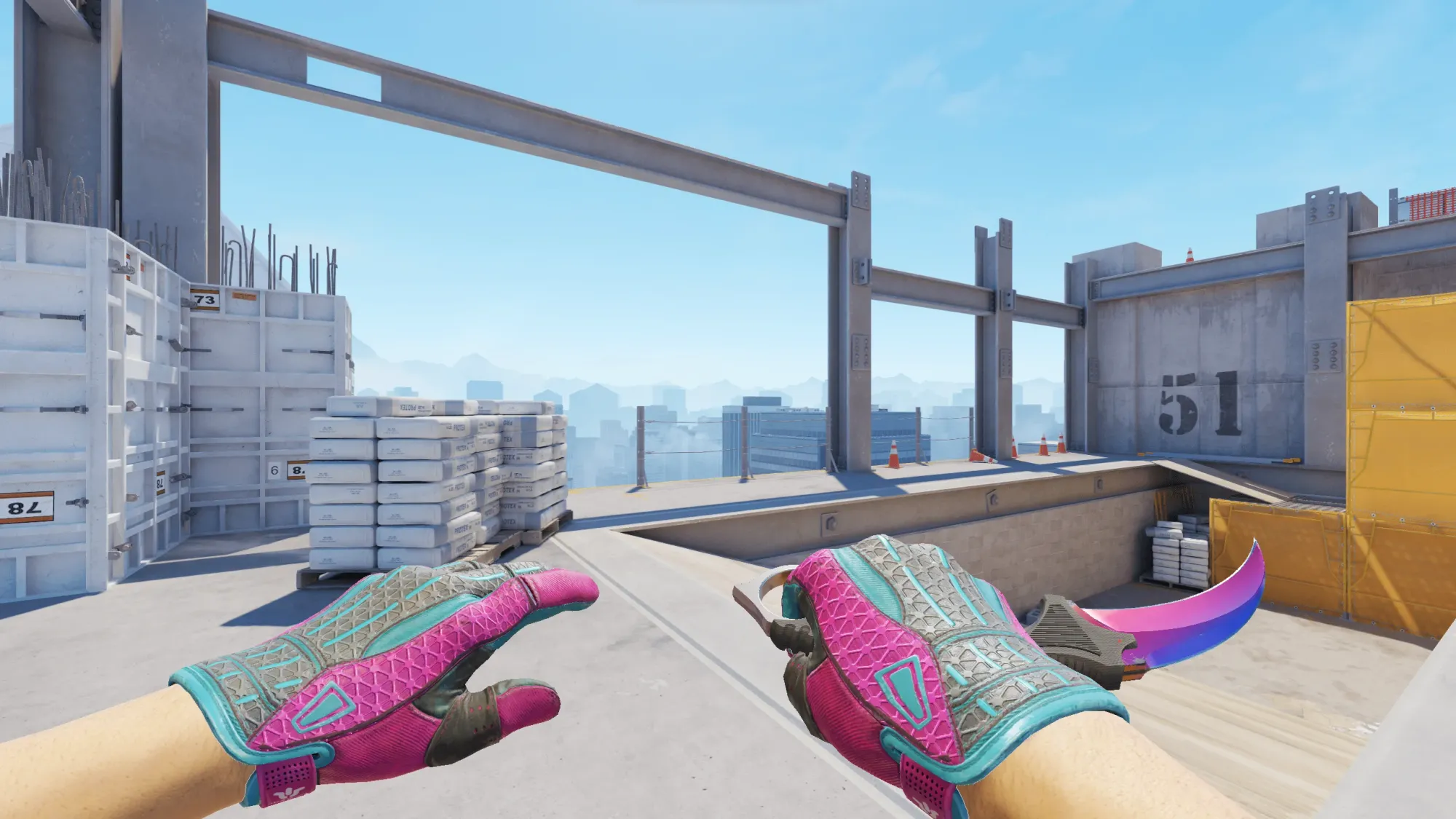 In-game image showing a CS2 knife and glove combo, highlighting the matching colors and patterns of the weapon and gloves.