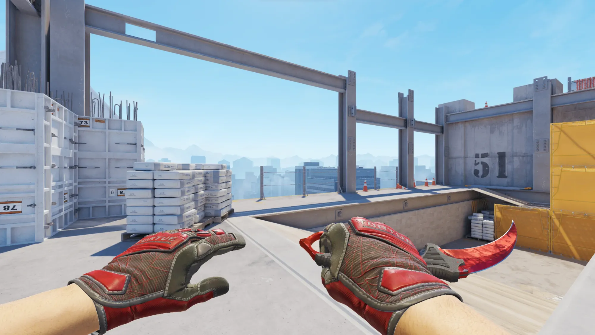 In-game image showing a CS2 knife and glove combo, highlighting the matching colors and patterns of the weapon and gloves.