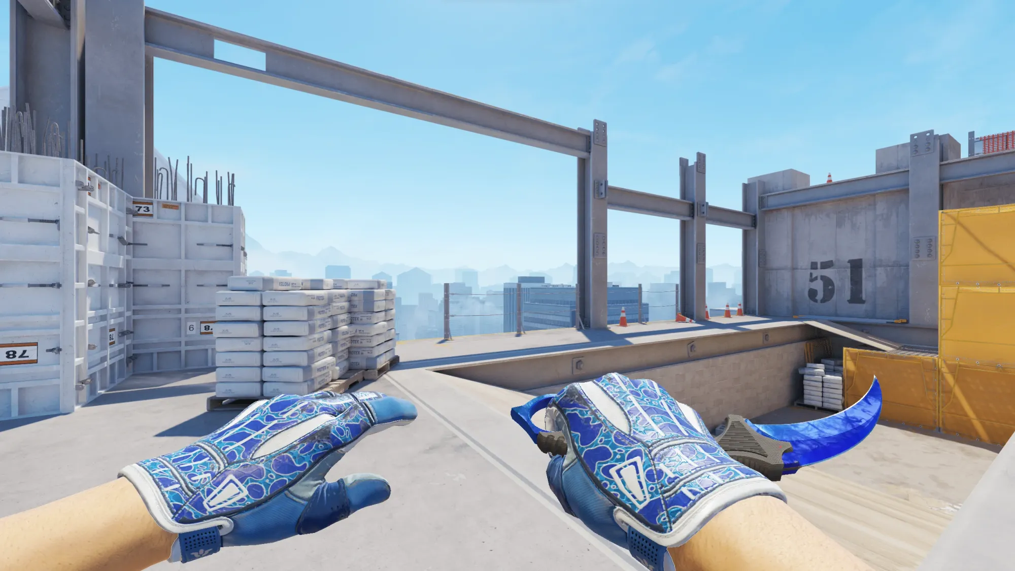 In-game image showing a CS2 knife and glove combo, highlighting the matching colors and patterns of the weapon and gloves.