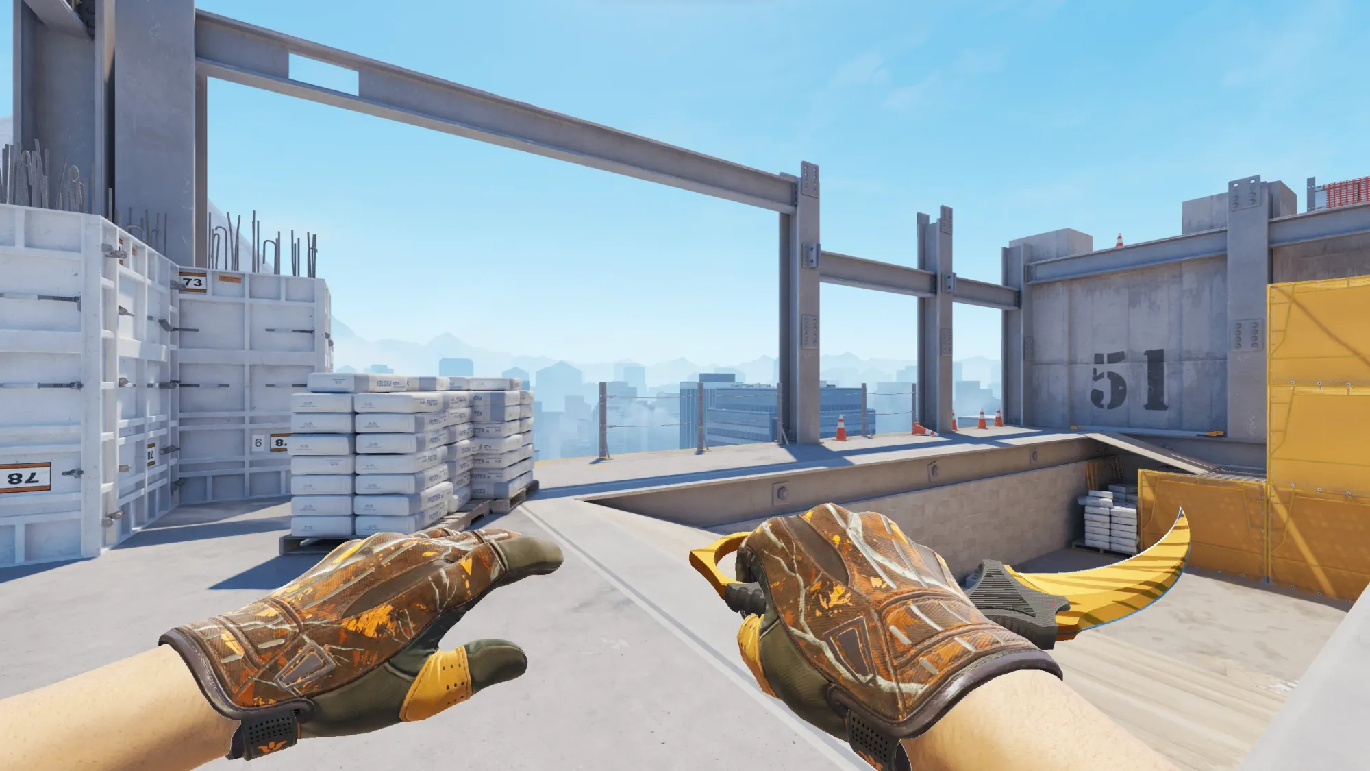 In-game image showing a CS2 knife and glove combo, highlighting the matching colors and patterns of the weapon and gloves.
