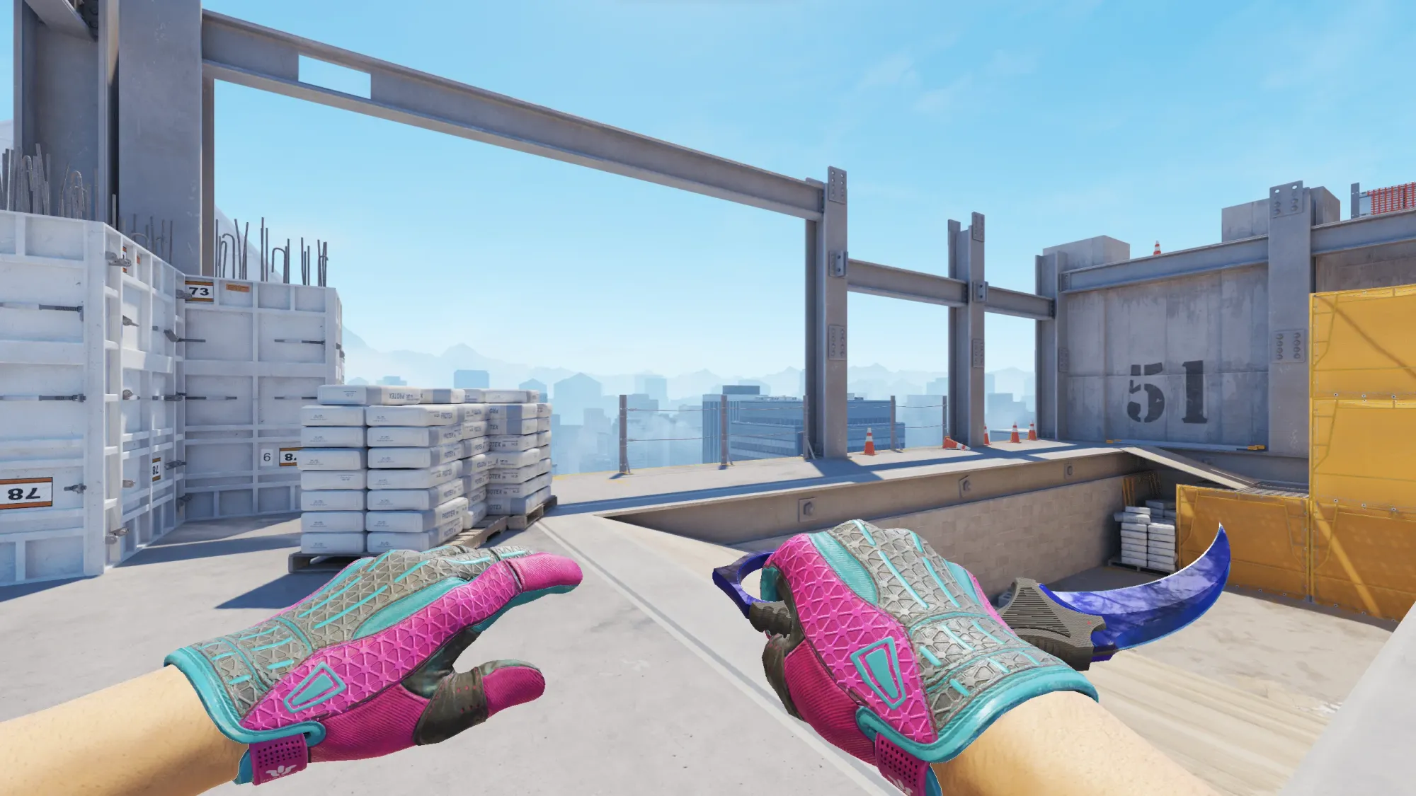 In-game image showing a CS2 knife and glove combo, highlighting the matching colors and patterns of the weapon and gloves.