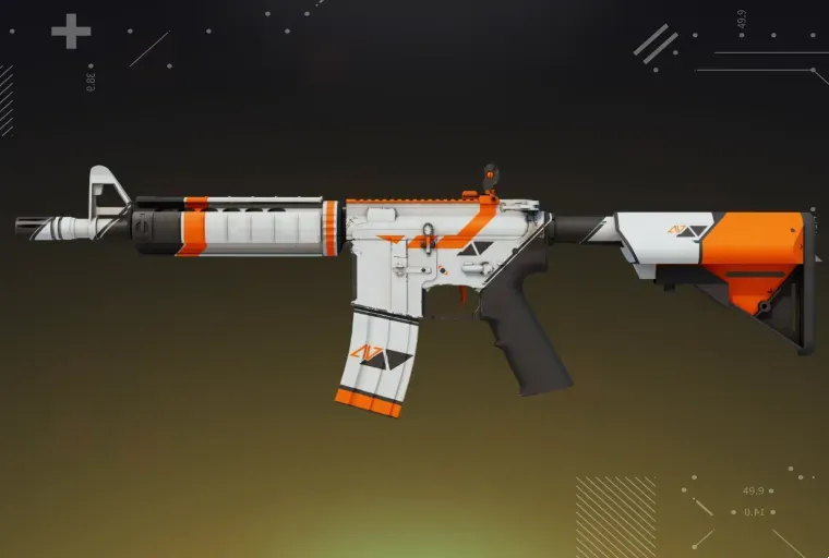 CS2 M4A4 Asiimov rifle showcased on a yellow background.