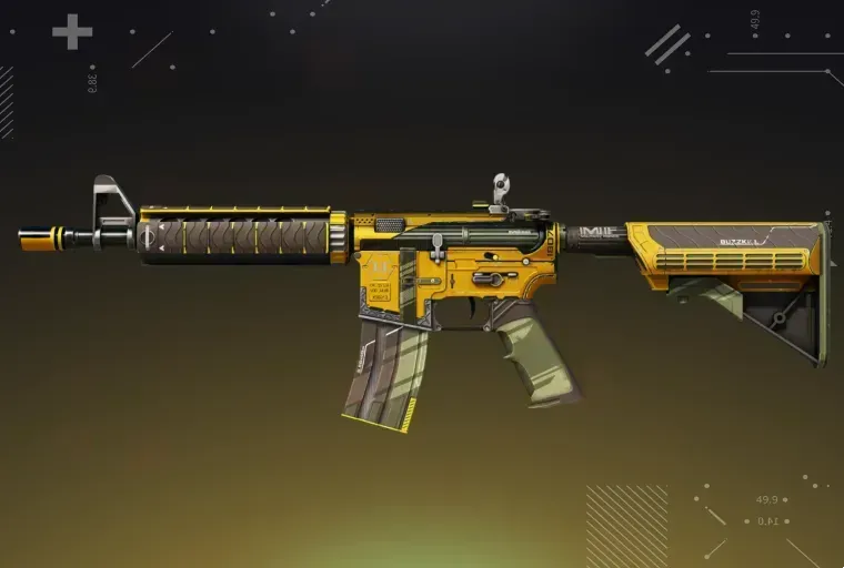 CS2 M4A4 Buzz Kill rifle showcased on a yellow background.