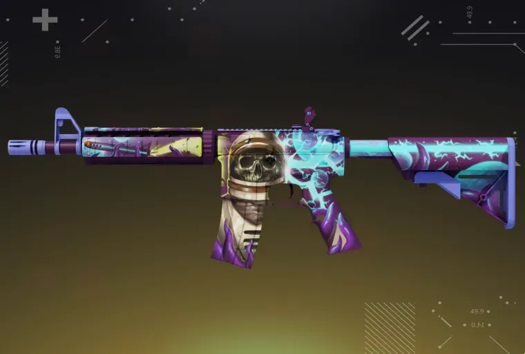 CS2 M4A4 Desolate Space rifle showcased on a yellow background.