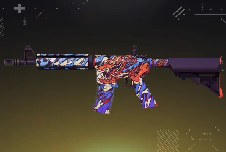 CS2 M4A4 龍王 Dragon King rifle showcased on a yellow background.