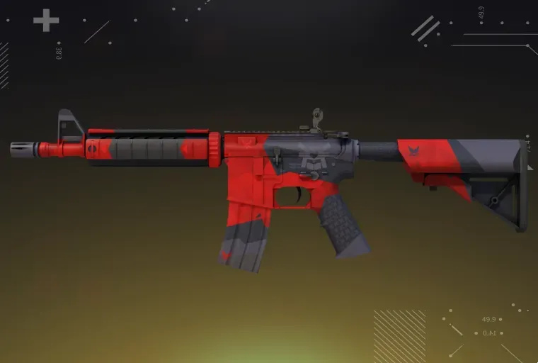 CS2 M4A4 Evil Daimyo rifle showcased on a yellow background.
