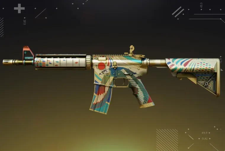 CS2 M4A4 Eye of Horus rifle showcased on a yellow background.