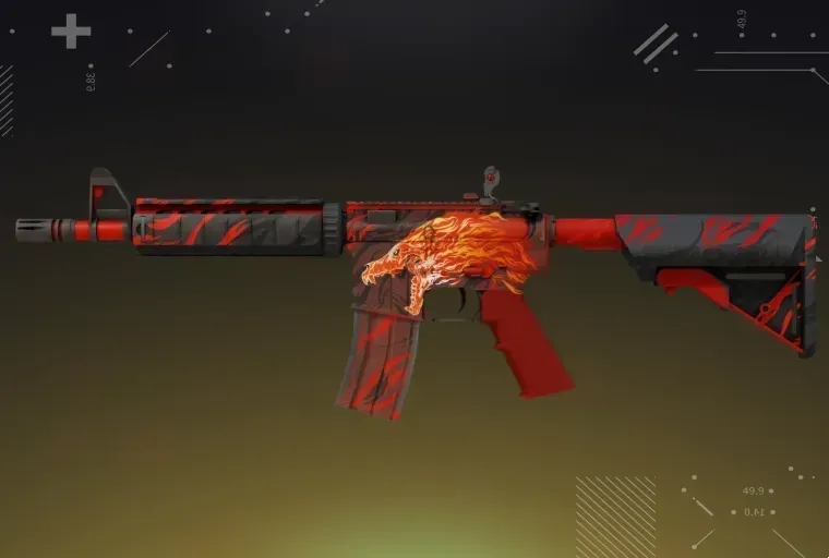 CS2 M4A4 Howl rifle showcased on a yellow background.